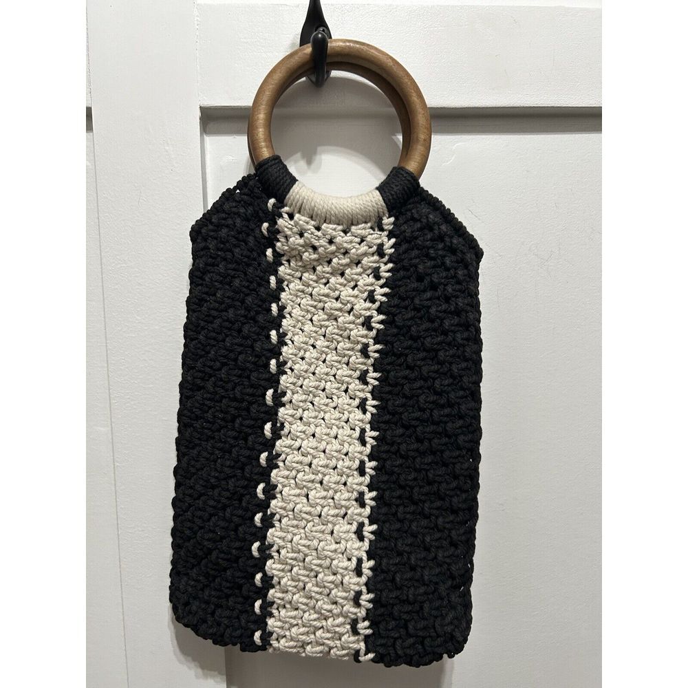 Curator X Laude The Label Gabby Macrame Crochet Wood Ring Handle Bag Black White